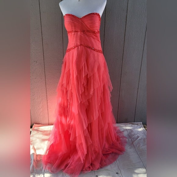 STUNNING Vibrant Coral crinoline Ruffle Strapless evening gown VTG EUC Sz 19/20 - Picture 9 of 9
